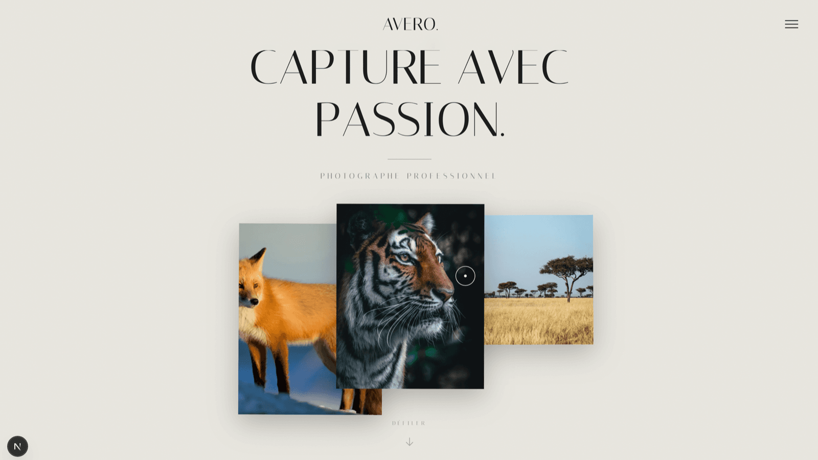Avero — plein écran montagne, typo serif et accroche « Les sommets du monde »