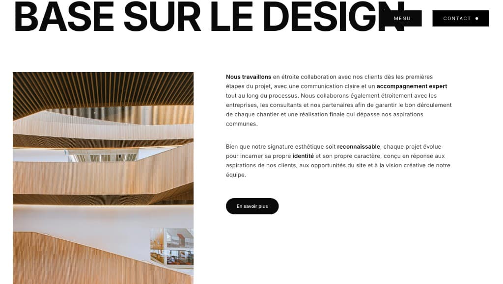 Section « Basé sur le design » : intérieur bois, texte éditorial et CTA En savoir plus