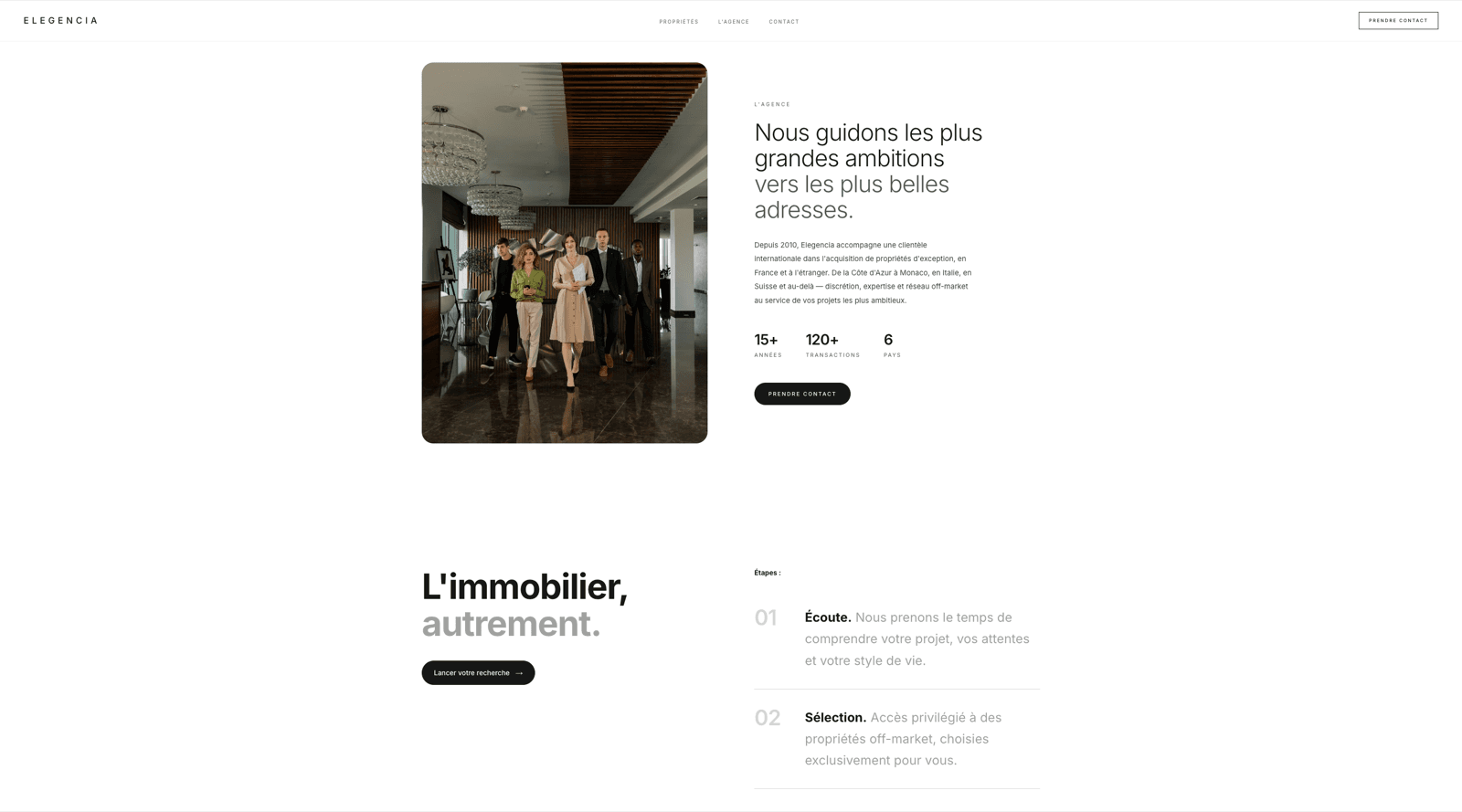 Page l’agence Elegencia : équipe, chiffres clés et positionnement luxe