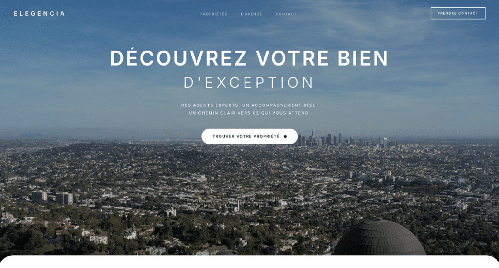Démo Elegencia : page d’accueil, hero panorama et promesse « Découvrez votre bien d’exception »