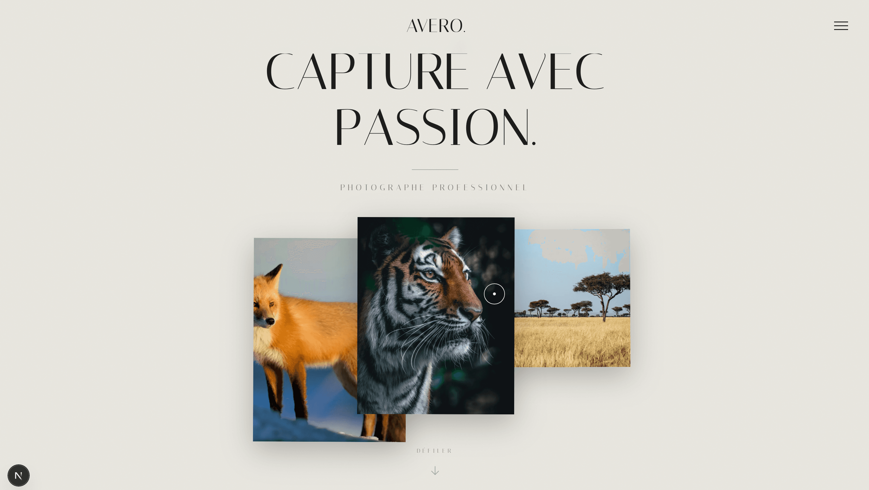 Portfolio éditorial — plein écran montagne, typo serif et accroche « Les sommets du monde »